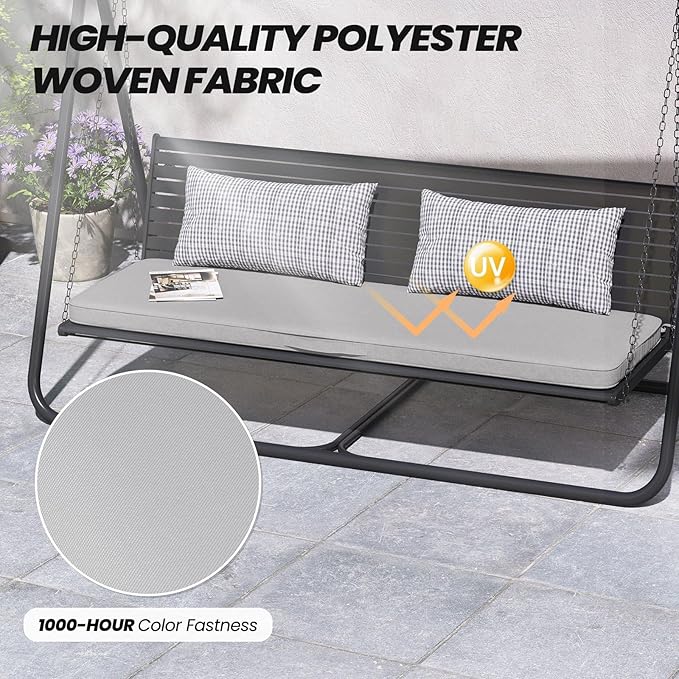 Crestlive Outdoor Bench Cushion 48 x 18 Inch, Waterproof Patio Furniture Cushions, Fade-Resistant Porch Swing Replacement Pad, Adjustable Straps and Handle, Gray