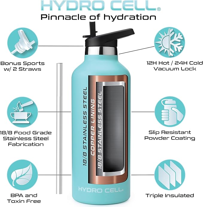 HYDRO CELL Stainless Steel Water Bottle with Straw & 2 Standard Mouth Lids (32oz 24oz 20oz 16oz) Keeps Liquids Hot or Cold w/Double Wall Vacuum Insulated Leak Proof Sport Design (Teal 32oz)