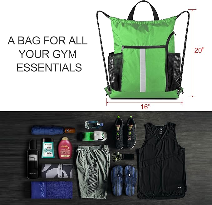 BeeGreen Bright Green Drawstring Backpack Bag Sports Gym Backpack with Shoe Compartment and Two Water Bottle Holder for Men Women Large Athletic Cinch Sackpack Workbag
