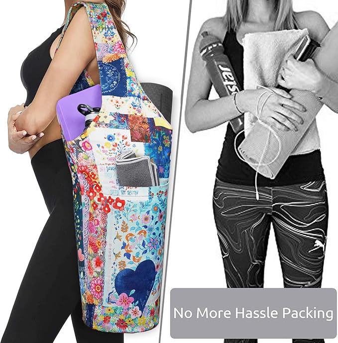 Fashion Printed Yoga Mat Bag with Large Side Pocket & Zipper Pocket Long Tote Yoga Bag Fit Most Size Mats - Holds More Yoga Accessories