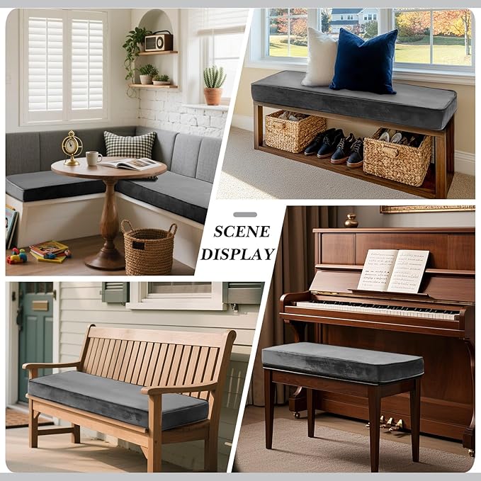 Wenqik Bench Cushions 42x16x4 Inch Window Seat Cushions for Indoor Furniture Velvet Kitchen Dining Bay Seat Tufted Porch Swing Thicken Bench Pad Memory Foam(Gray)