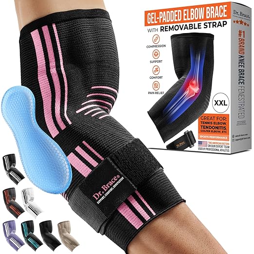 DR. BRACE® Elite Elbow Brace Support, Breathable Elbow Compression Sleeve with Gel Pad for Golfer's, Tennis Elbow & Tendonitis Treatment & Pain Relief 2024 (Black-Pink, XX-Large)