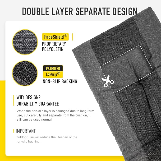 SUNROX LokGrip Non Slip Tufted Memory Foam Bench Cushion, FadeShield Water Resistant Durable Thicken Outdoor/Indoor Bench Seat Pads 48x16x4 inch, Midnight