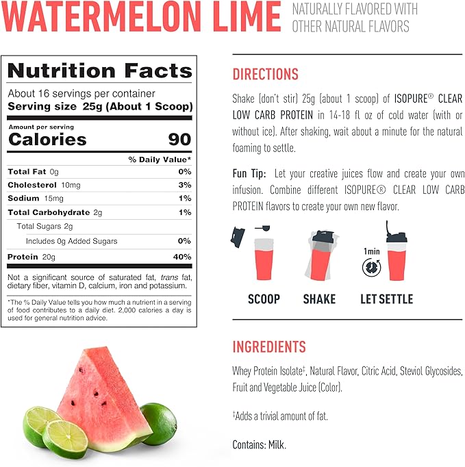 Isopure Clear Whey Isolate Protein Powder, Lactose Free, Gluten Free, Naturally Flavored, Watermelon Lime, 20g Protein Per Serving, 14.1 Oz, 16 Servings (Packaging May Vary)