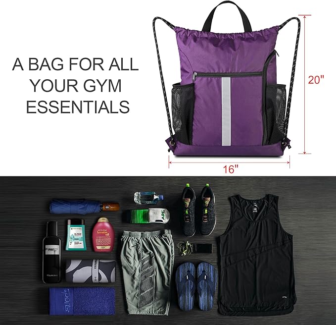 BeeGreen Purple_Drawstring_Backpack_Bag_Sports_Gym_Backpack with Shoe Compartment and Two Water Bottle Holder for Men Women Large String Athletic Sackpack Workbag