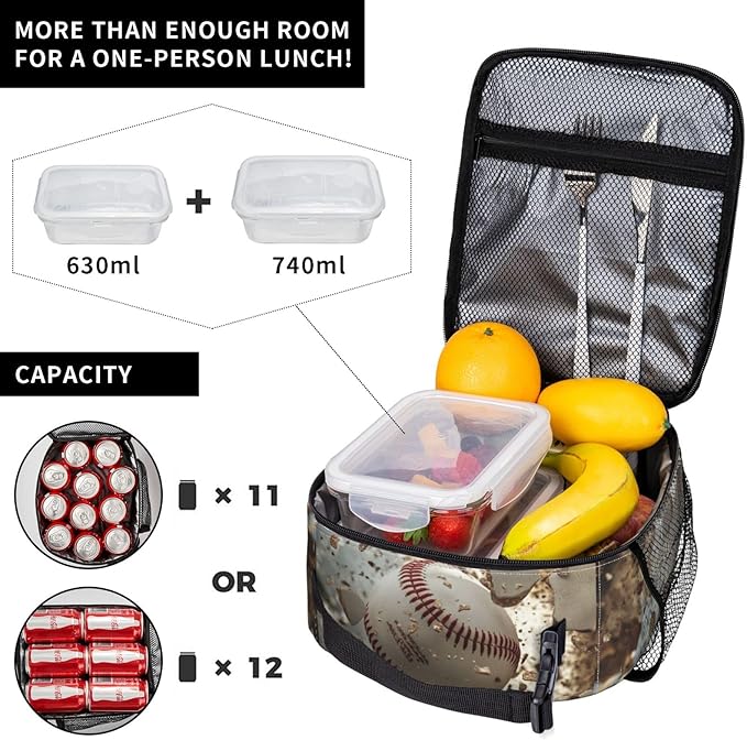 Lunch Box for Women Men, Baseball Theme Insulated Lunch Box Reusable Portable Lunch Bag Cooler Tote Waterproof Lunch Container for Office Picnic Work Travel Hiking
