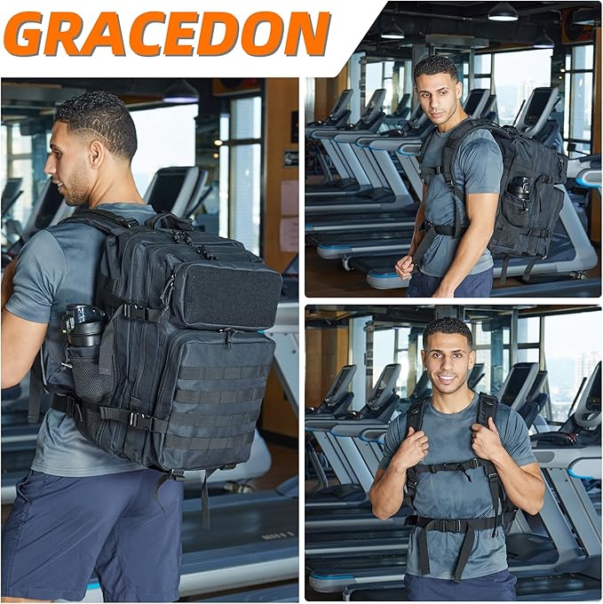 gracedon Military Tactical Backpack for Men and Women Army Camping Daypack Bug out Bag 45l Asault Pack for Travel Hiking (Black)