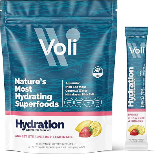 Voli Electrolytes Powder Packets | No Added Sugar Electrolyte Drink Mix for Hydration | Keto & Fasting Friendly, Natural Superfoods & Minerals | Strawberry Lemonade, 15-Count