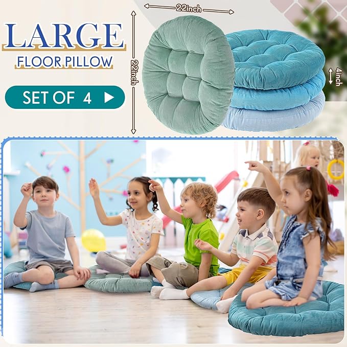 Jerify Floor Pillow Cushions 22 x 22 Inch Round Square Large Meditation Floor Pillow for Classroom Adult Meditation Picnic Party Cushion for Seating Gift Christmas(Round,Cold Colors,4 Pcs)