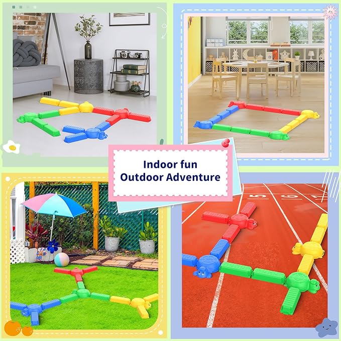16 Pcs Balance Beam and Stepping Stones for Kids - 4 Turtle Shape Stepping Stones and 12 Connectable Beams with Sound Feature,Color Spinner, Riddle Cards, Fun Balance Training and Obstacle Course