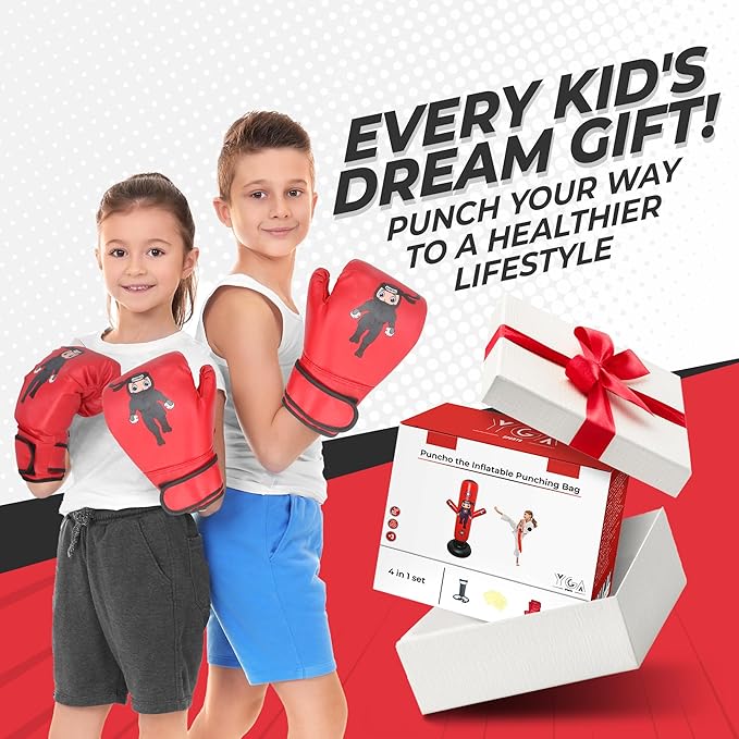 PUNCHO Punching Bag for Kids: 63" Kids Punching Bags 3-8 with Gloves, Pump, PUNCHO eBook - Kid Boxing Bag Set & Birthday Gift - Inflatable Punching Bag for Kid 8-12 with 5 Targets - Boxeo para Niños