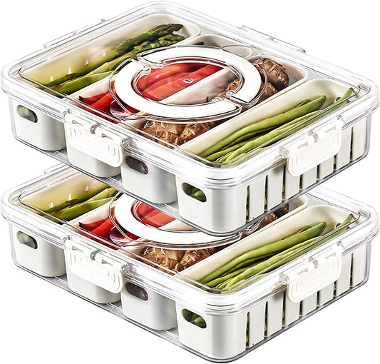 MineSign 2Pack Divided Snackle Box with Lids Stackable Food Serving Tray for Fruit&Veggie Plastic Fridge Storage Container for Pantry Freezer Clear Snack Box for Meal Prep Candy Nuts Spice