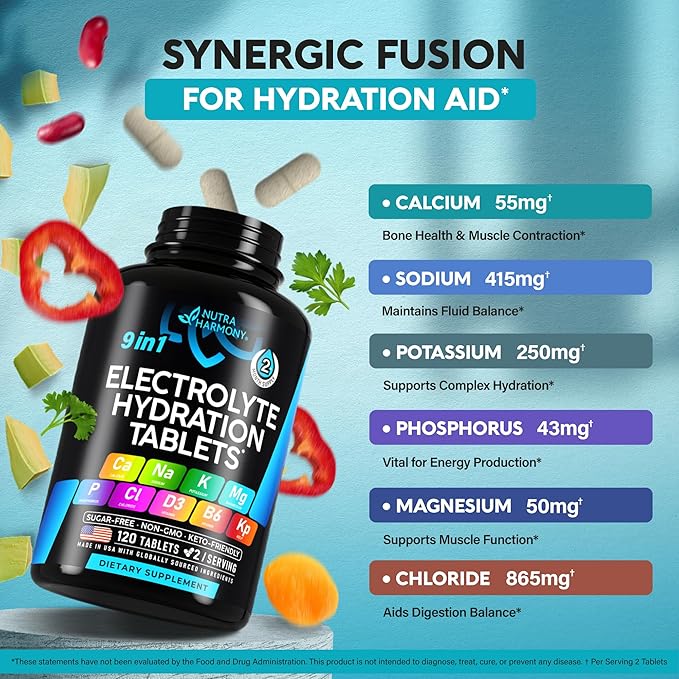 Electrolytes - Electrolyte Tablets with Magnesium, Sodium, Potassium, Chloride, Vitamins D3 & B6, Kelp Powder - Salt Pills - Made in USA - Oral Tablets as Capsules - Vegan & Keto Friendly - 120 Tabs