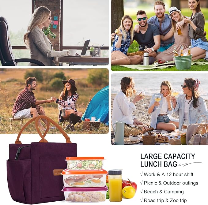 Joymee Lunch Bag Women Insulated Lunch Box Reusable Leakproof Large Spacious Cooler Tote for Women Men Adult with Bottle Holder and Side Pockets for Work Office Travel Picnic - Dark Purple