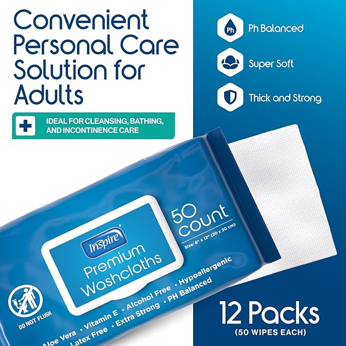 Inspire Adult Wet Wipes, Wash Cloths | Adult Wipes for Incontinence & Cleansing for Elderly, 8"x12" Count 12 packs of 50
