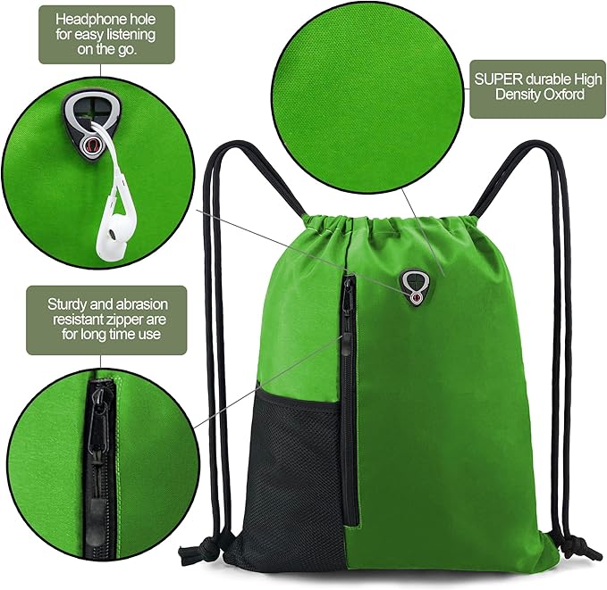 BeeGreen Bright Green Drawstring Backpack Gym Bag For Men & Women – Sports Sackpack with Mesh Water Bottle Holder & 2 Zippered Pockets – Large 16x20 Inch Cinch String Backpack