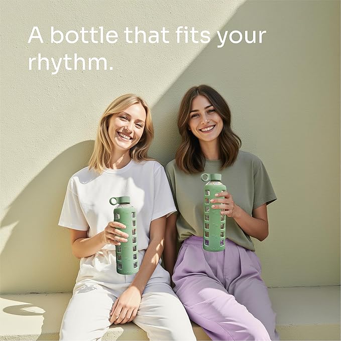 purifyou 40oz / 32oz / 22oz / 12oz Borosilicate Glass Water Bottle with Time & Volume Markers, Silicone Sleeve, Stainless Steel Lid | Reusable Glass Bottle for Water & Juice (32oz Shale Green)