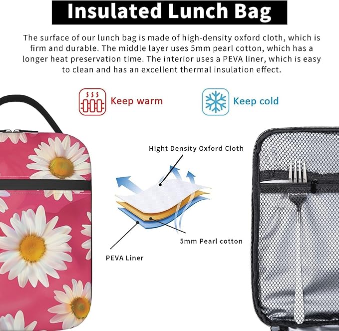Daisy Floral Lunch Box for Women Men, Insulated Lunch Box Reusable Portable Lunch Bag Cooler Tote Waterproof Lunch Container for Office Picnic Work Travel