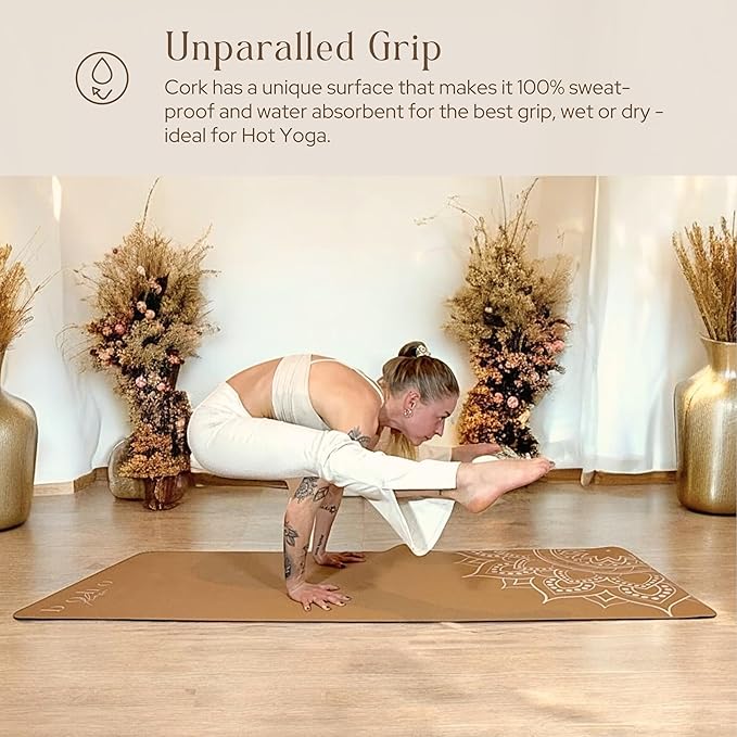 Premium Cork Yoga Mat Large 72"x26" – 5mm Thick Natural Rubber Cushioning - Non Slip Grip for Hot Yoga - Optional Alignment Lines & Elegant Yoga Bag Or Strap