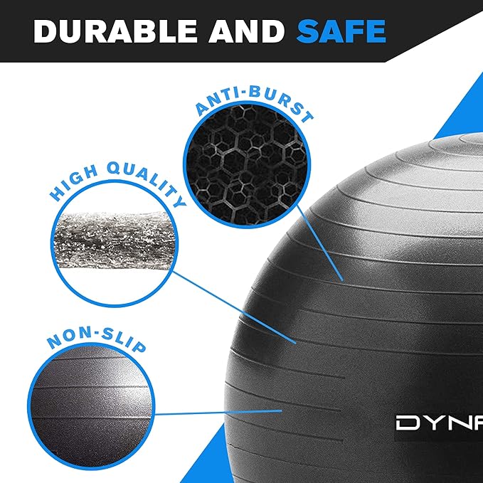 DYNAPRO Exercise Ball Extra Thick Eco-Friendly & Anti-Burst Material Supports over 2200lbs, Stability Ball for Home, Yoga, Gym, Birthing, Physio, Swiss, Physical Therapy or Pregnancy