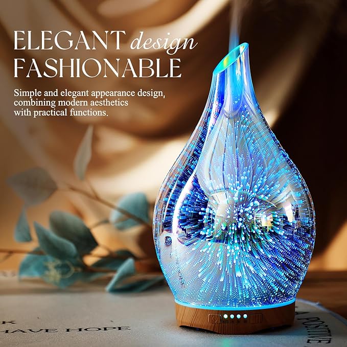 Porseme Essential Oil Diffuser 280ml Aromatherapy Ultrasonic Oil Diffusers 3D Glass Cool Mist Humidifier, Air Refresh Auto Shut-Off, Timer Setting, BPA Free for Home Hotel Yoga Leisure SPA Gift