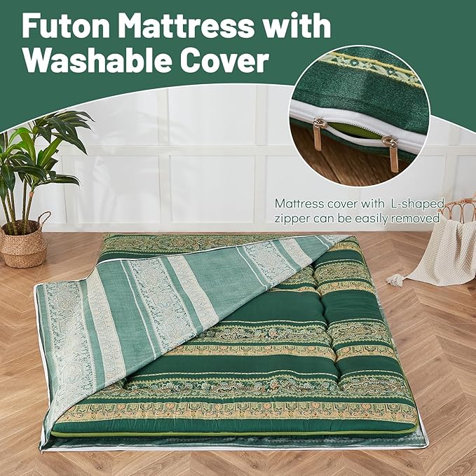Japanese Floor Mattress, Futon Mattress with Portable Storage Bag and Washable Cover, Roll Up Thick Tatami Mat Suitable for Camping, Guest Room (Bohemian Green, Queen)