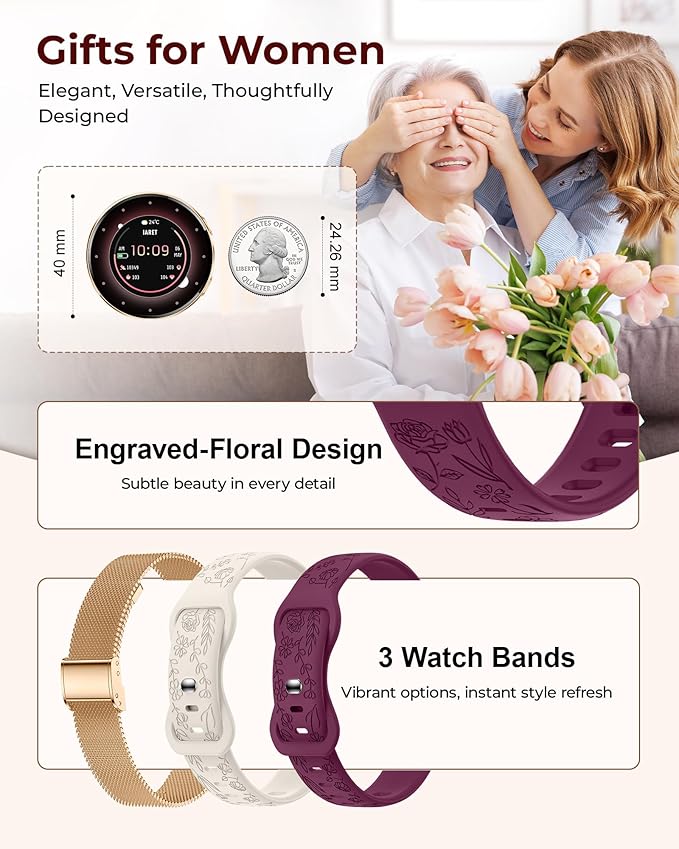 Smart Watches for Women, 1.27″ AMOLED Fitness Tracker with Heart Rate SpO2 Sleep Monitor, 3 Bands, 120+ Sport Modes, Call & Notifications, Smartwatch for Android & iPhone Compatible, 40 mm Rose Gold