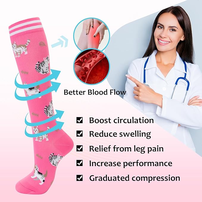 fenglaoda Compression Socks Women Men 4 Pairs, Knee High Support Socks for Running, Sports, Travel, Flight, Nurse