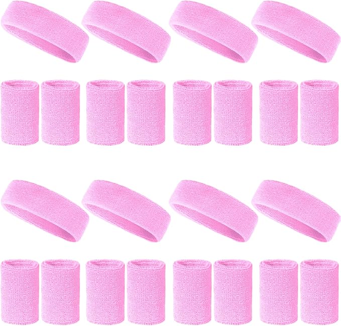 24 Pcs Neon Sweatbands Set Include 8 Pcs Sports Headband and 16 Pcs Cotton Wristbands 80s Neon Sweat Bands Bulk for Gym, Tennis, Basketball, Running, Exercise