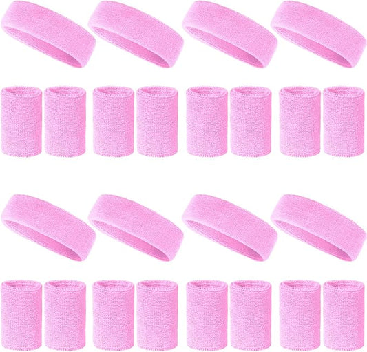 24 Pcs Neon Sweatbands Set Include 8 Pcs Sports Headband and 16 Pcs Cotton Wristbands 80s Neon Sweat Bands Bulk for Gym, Tennis, Basketball, Running, Exercise
