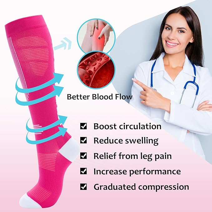 fenglaoda Compression Socks Women Men 4 Pairs, Knee High Support Socks for Running, Sports, Travel, Flight, Nurse