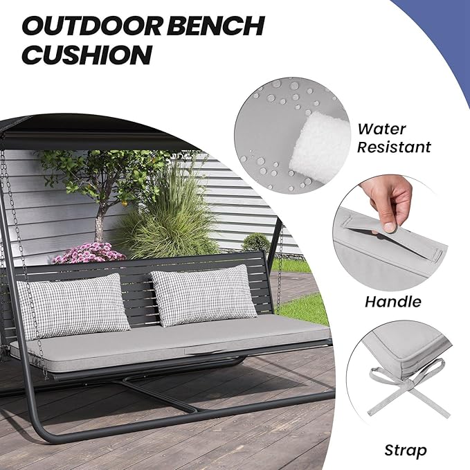 Crestlive Outdoor Bench Cushion 48 x 18 Inch, Waterproof Patio Furniture Cushions, Fade-Resistant Porch Swing Replacement Pad, Adjustable Straps and Handle, Gray