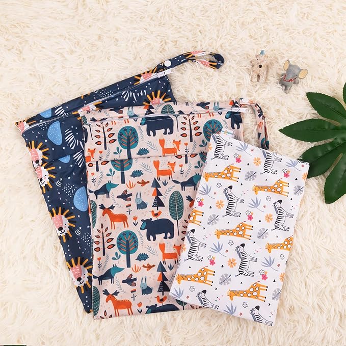 babygoal Wet Dry Bags for Baby Cloth Diapers, Washable Travel Bags, Beach, Pool, Gym Bag for Swimsuits & Wet Clothes with Two Zippered Pockets 3 Pack, 3LN25