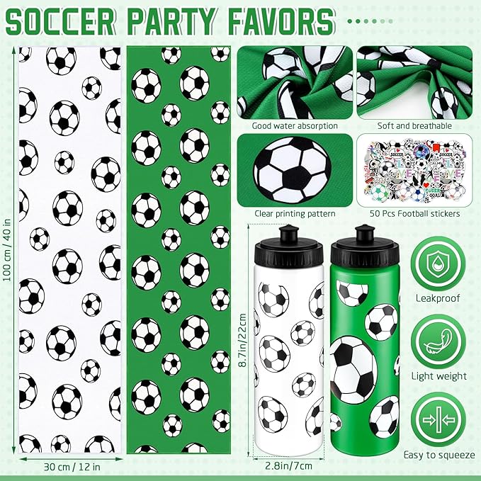 24 Pcs Soccer Water Bottle Soccer Cooling Towel Set with 50 Sticker Sports Party Favors Include 6 Reusable Sports Squeeze Water Bottle 6 Ice Towel Breathable Fast Drying for Team Gifts