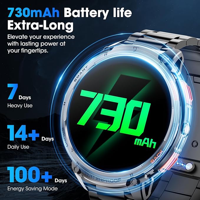 Military Smart Watch for Men 1.85" HD Touch Screen 730mAh Battery Smart Watches with LED Flashlight for Android iOS （Bluetooth Call Answer/Dial Calls） Fitness Tracker with Heart Rate Blood