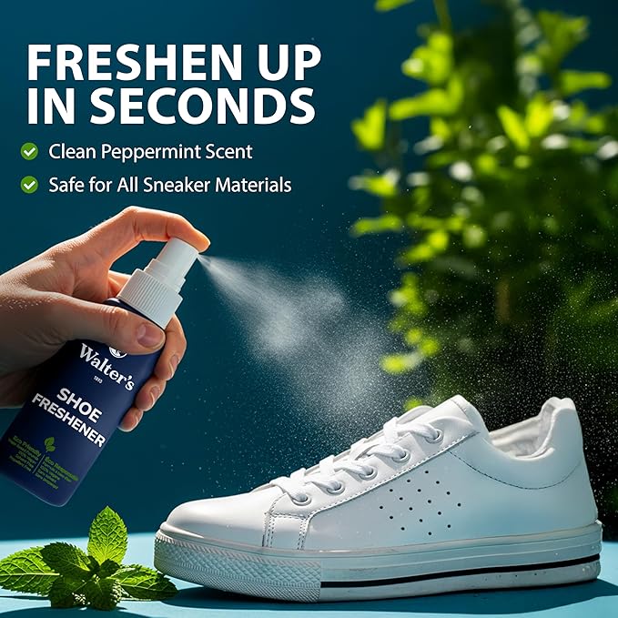 Shoe Deodorizer Spray & Odor Eliminator Kit - Shoe Spray for Smelly Shoes, Feet & Gym Bags | Peppermint Scent | Odor Removal & Shoe Cleaning Solution | 4 fl oz Spray + 2 Pairs of Deodorizer Balls