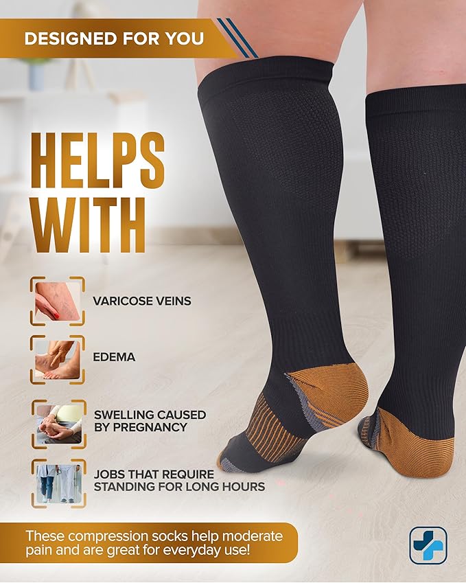 Doctor's Select Copper Plus Size Compression Socks Wide Calf - 2 Pairs | 20-30mmHg Extra Wide Calf Compression Sock Women | Copper Socks for Swelling, Varicose Veins | Extra Wide Calf Compression Sock | Black Wide Compression Socks for Women & Men