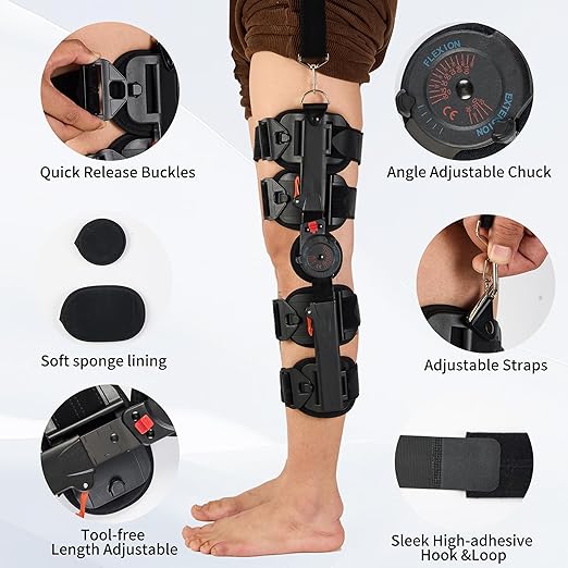 Hinged Knee Brace with Shoulder Strap, Post OP Medical Knee Stabilizer, Adjustable ROM Knee Support, for ACL, Post ACL and Cruciate Ligament Injury Rehabilitation Fit Right or Left Foot Unisex
