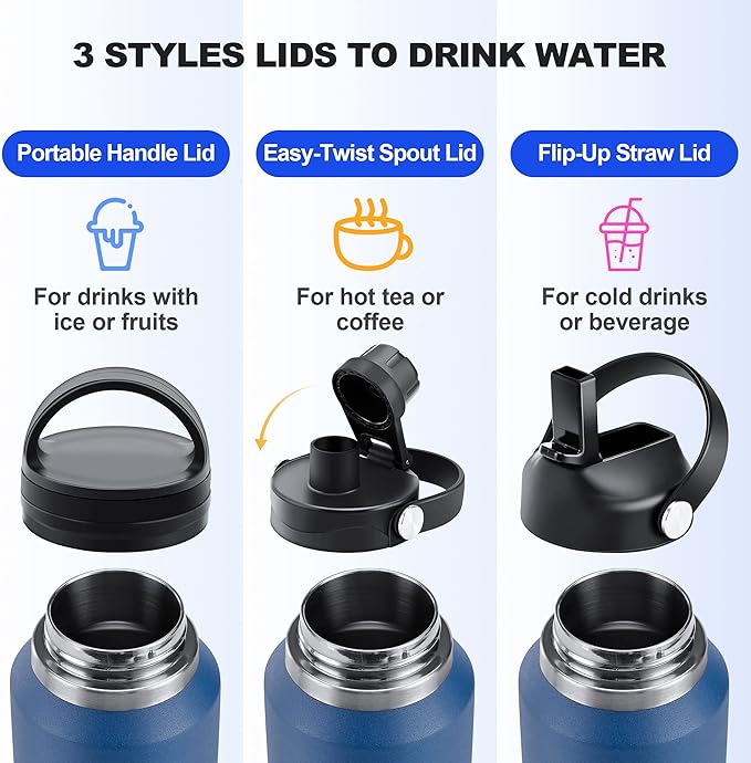 HYDROWION 32oz Stainless Steel Water Bottle(Cold for 48 Hrs, Hot for 24 Hrs), Double Wall Vacuum Insulated Water Flask with Straw Lid, Spout Lid and Flex Cap, Fit in Any Car Cup Holder, Cobalt