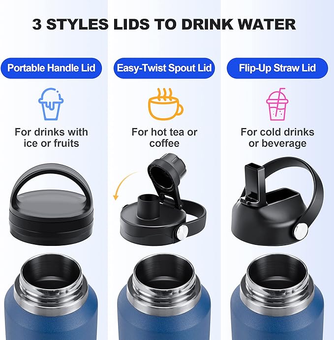 HYDROWION 32oz Water Bottle, Double Wall Vacuum Stainless Steel Insulated Water Flask with Straw Lid, Spout Lid and Flex Cap(Cold for 48 Hrs, Hot for 24 Hrs), Leakproof Travel Thermo Mug, Mint&Cobalt