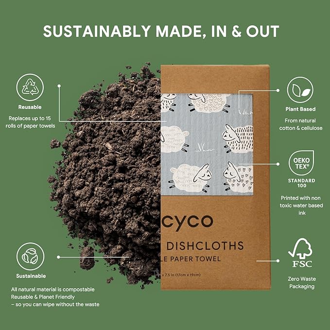 RECYCO Swedish Dishcloths for Kitchen | 6 Pack Farmhouse Friends Washable Dish Rags | Cellulose Reusable Cleaning Paper Towels | Absorbent Counter Dish Cloth Sponge Kitchen Wipes, 8" L x 7" W