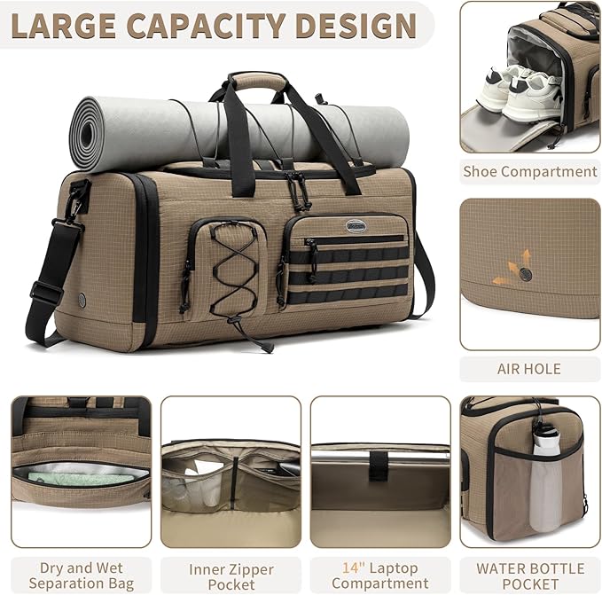 Bosstin Gym Bag for Men & Women,45L Travel Duffle Sports Duffel Bag Gym Weekender Overnight Backpack with Shoe Compartment (KHAKI CHECKERED)