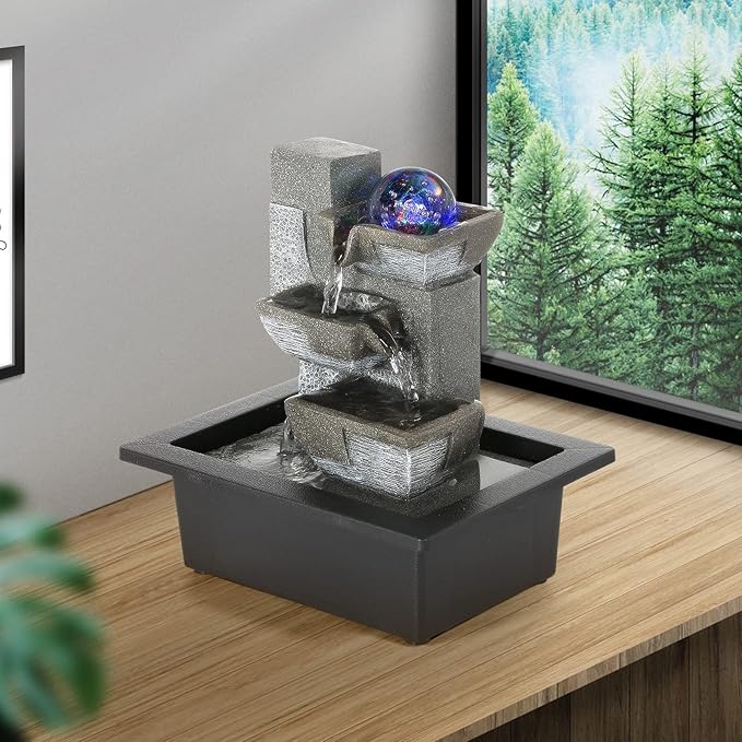 Dyna-Living Water Fountains Indoor Desktop Fountain Relaxation Waterfall Indoor Portable Feng Shui Fountain with LED Light Home Decoration