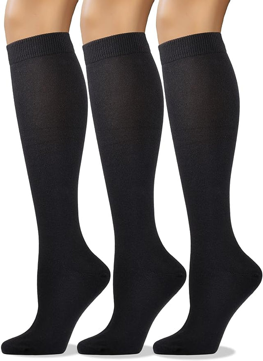COTTON DAY Women's Soft Combed Cotton Knee High Long Calf Dress Socks Seamless Toe Black White Gray Navy Blue Brown