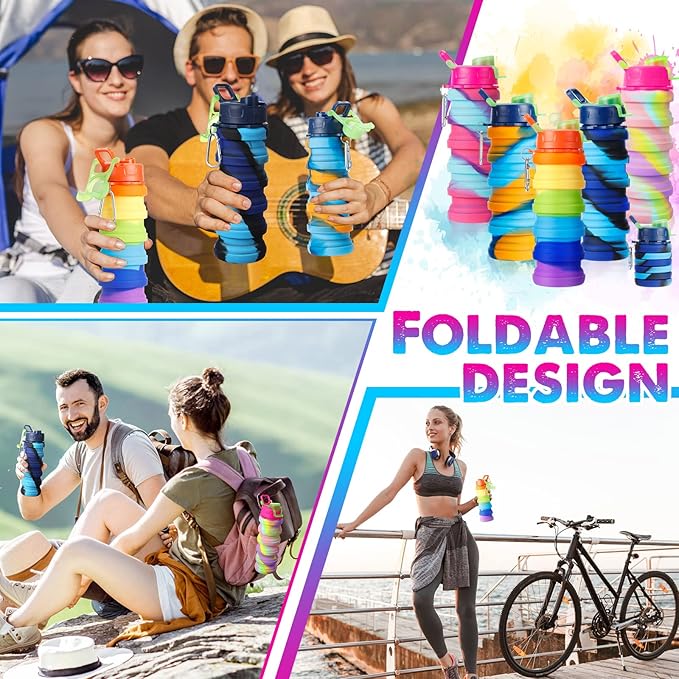 Chengu 5 Pack Collapsible Water Bottles 17 oz Bpa-free Silicone Portable Lightweight Foldable Water Bottle with Carabiner Leakproof Reusable for Travel Camping Hiking Cycling Sport Outdoor(Rainbow)