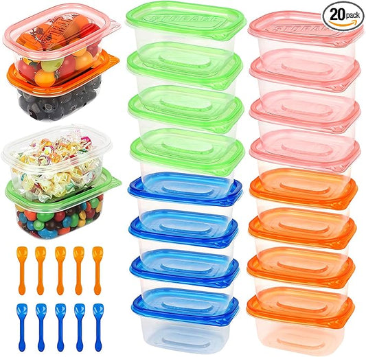 20pcs Snack Containers with Lids, 9.5 Oz Snack Containers for Kids & Adults, Bento Lunch Boxes with 10 Spoons, Lightweight and stackable, Microwave, refrigerator safe，BPA-free(4 Colors)