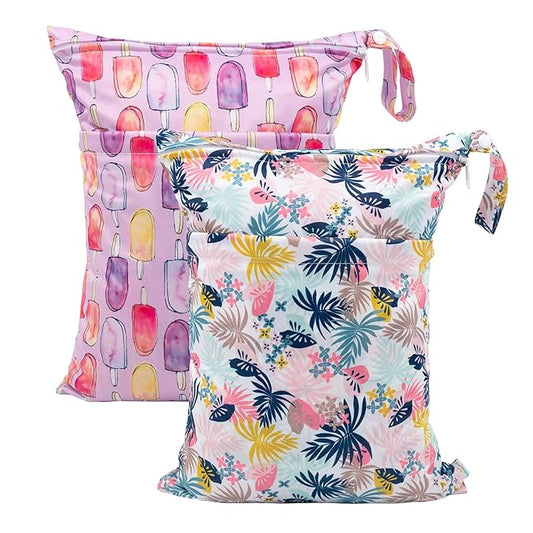 babygoal Wet Dry Bags for Baby Cloth Diapers, Washable Travel Bags, Beach, Pool, Gym Bag for Swimsuits & Wet Clothes with Two Zippered Pockets, 2 Pack LN03