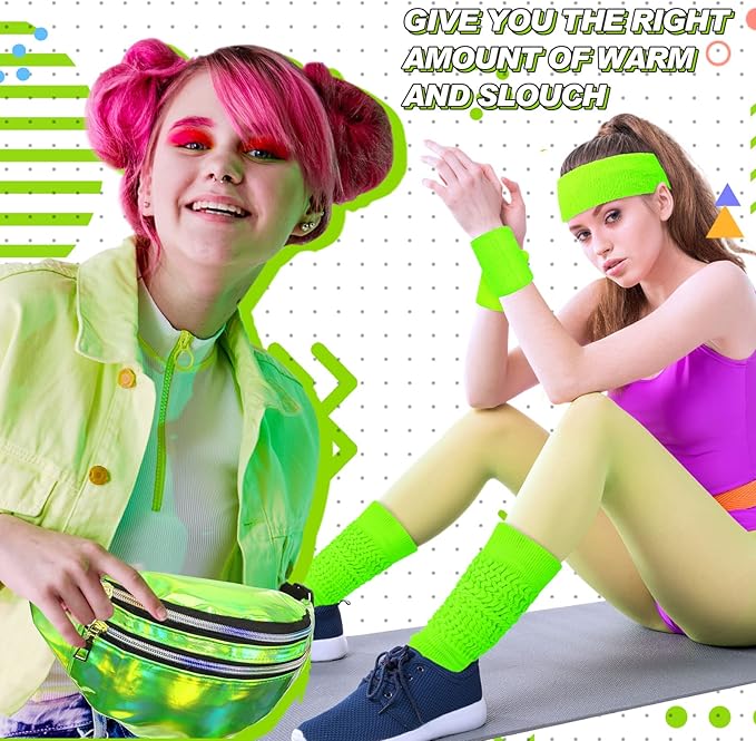 Tarpop 80s Neon Women Slouch Socks 90s Headbands Wristbands Fanny Pack Leg Warmers Sweatbands Waist Bag Women Party Costume