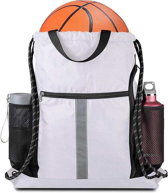 BeeGreen White_Drawstring_Backpack_Bag_Sports_Gym_Backpack with Shoe Compartment and Two Water Bottle Holder for Men Women Large String Athletic Sackpack Workbag White