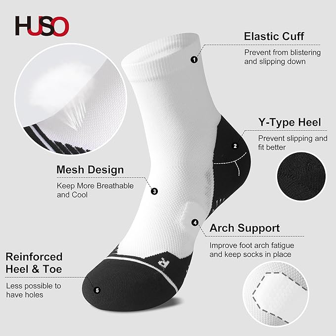 HUSO Compression Ankle Running Socks: Athletic Socks for Men Women with Cushion,Work Hiking Basketball Sport Socks 3 Pairs